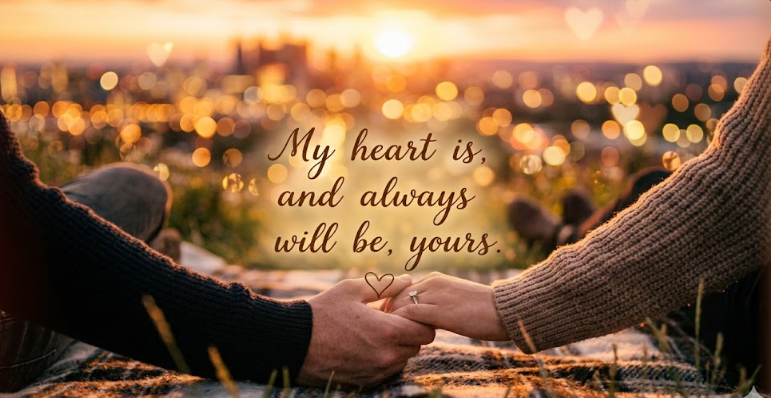 Romantic love quotes for him and her with couple holding hands at sunset